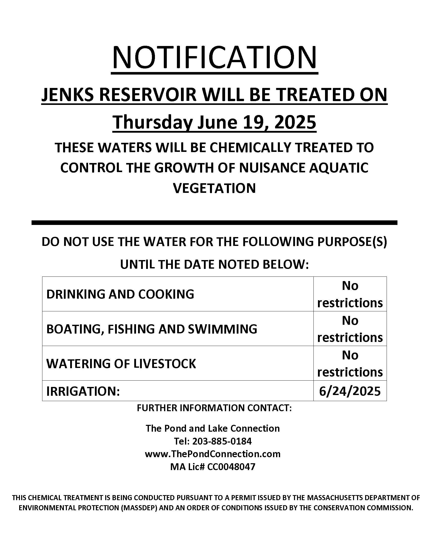 2025 Notification of Treatment at Jenks Reservoir